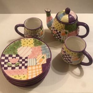 Vintage Cottontale Collection Quilt Teapot, 4 Quilt Plates And 2 Quilt C…